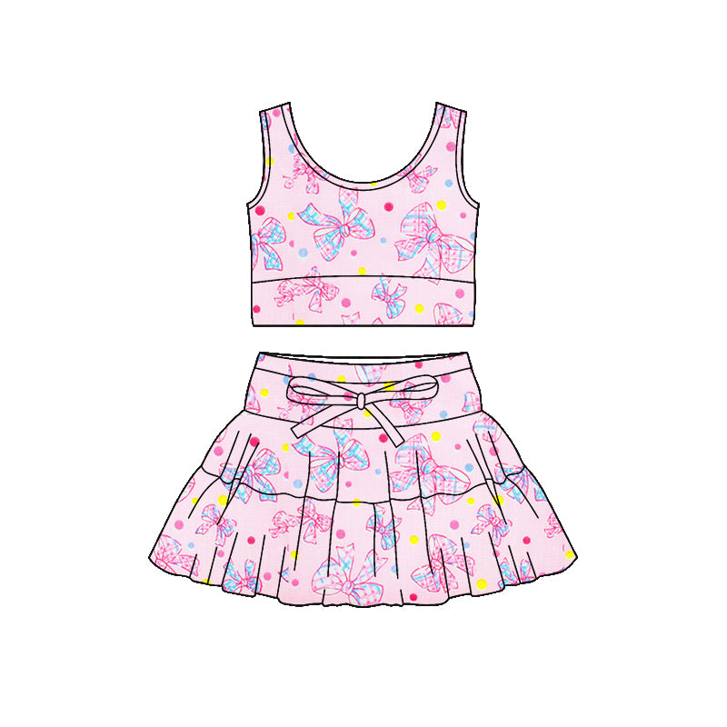 Preorder (moq 5)Baby Girls Sleeveless Colorful Bows Polka Dots Vest Top Skirt Shorts Clothes Sets