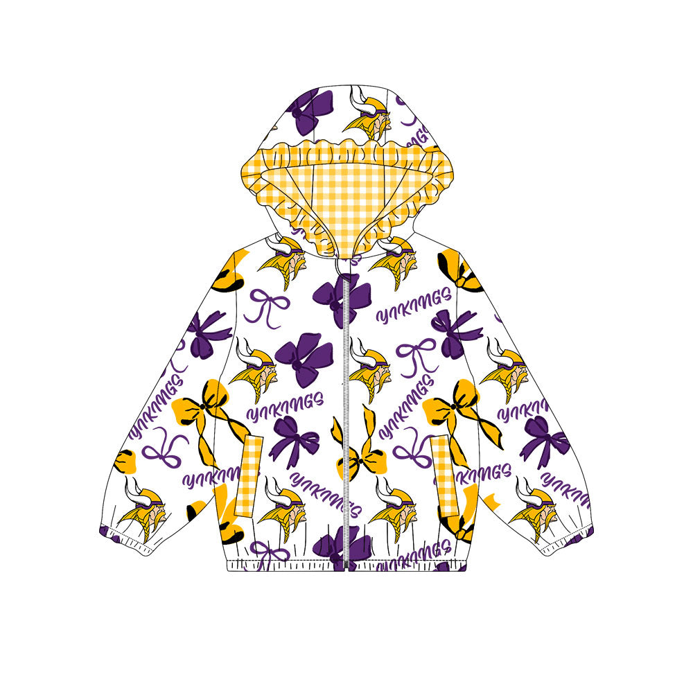 Preorder(moq 8)Baby Girls Yellow Purple Bows Vikings Pocket Zipper Team Ruffle Hoodies Jackets
