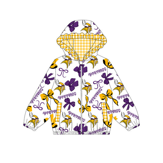 Preorder(moq 8)Baby Girls Yellow Purple Bows Vikings Pocket Zipper Team Ruffle Hoodies Jackets