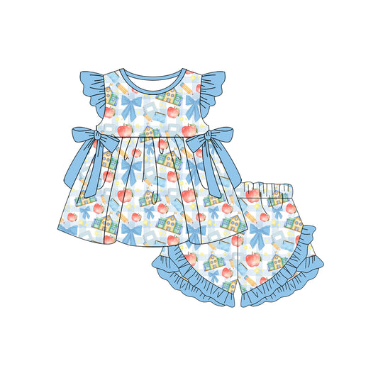 Preorder (moq 5)Baby Girls Blue Checked Pencil Apples Tunic Ruffle Short Back to School Clothes Sets