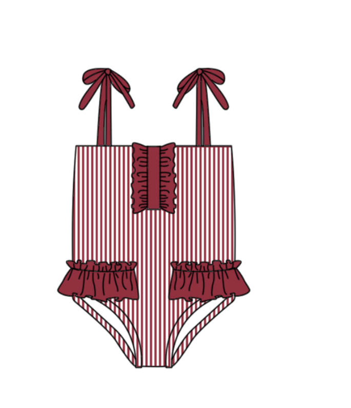 Preorder moq 5 Baby Girls Strap Red Stripe Team Swimsuits