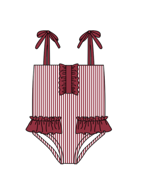 Preorder moq 5 Baby Girls Strap Red Stripe Team Swimsuits