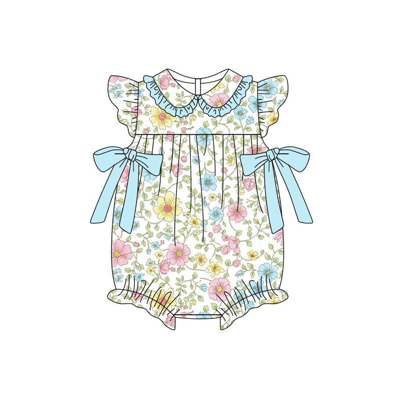 Preorder (moq 5)Baby Girls Flutter Sleeve Blue Pink Flowers Bows Ruffle Rompers