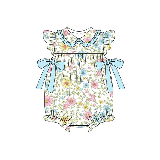 Preorder (moq 5)Baby Girls Flutter Sleeve Blue Pink Flowers Bows Ruffle Rompers