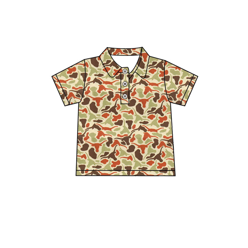 Preorder (moq 5)Baby Boys Southern Camo Bull Skulls Team Button Polo Shirts Top