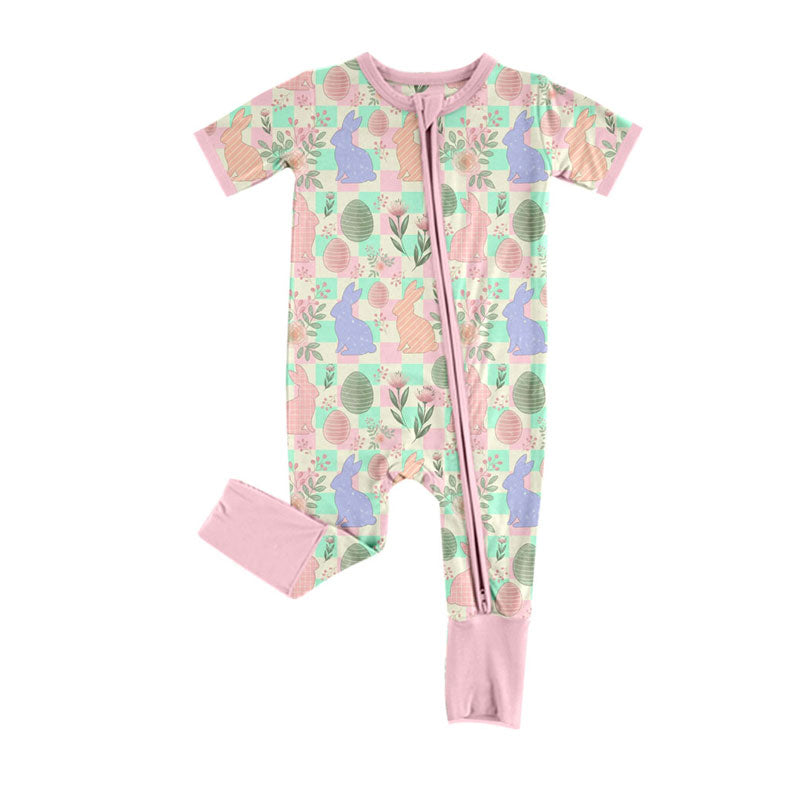 Preorder (moq 8)Baby Girls Colorful Rabbits Eggs Checked Easter Zipper Footie Rompers