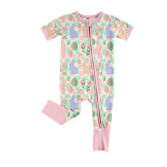 Preorder (moq 8)Baby Girls Colorful Rabbits Eggs Checked Easter Zipper Footie Rompers