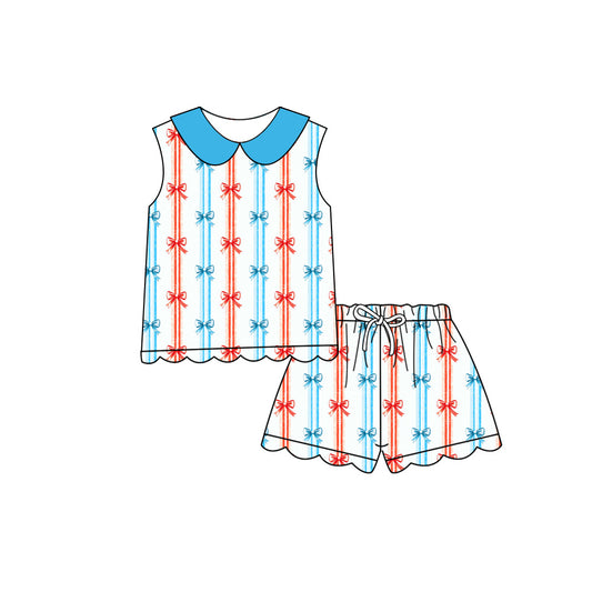 Preorder (moq 5)Baby Girls Bows Stripe Collar Top Scallop Shorts 4th of July Clothes Sets