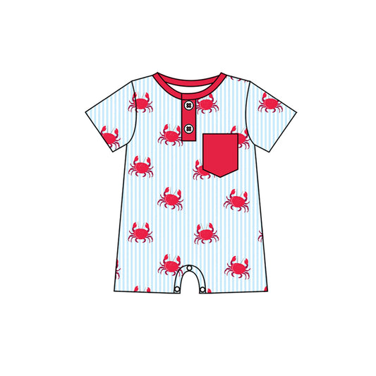 Preorder (moq 5)Baby Boys Red Crabs Stripe Pockets Button Shorts Rompers