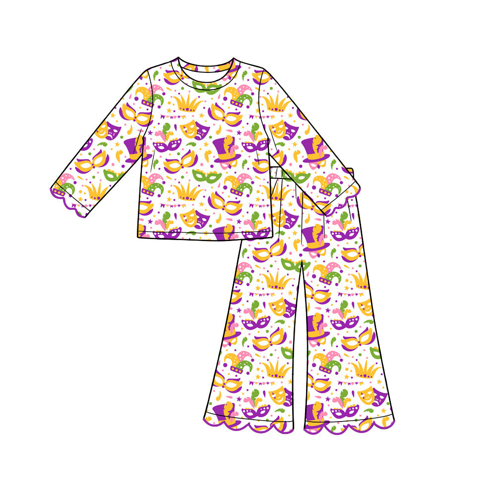 Preorder (moq 5) Girls Mardi Gras Mask Crown Print Long Sleeve Scallop Bell Pants Boutique Outfits Clothes Sets