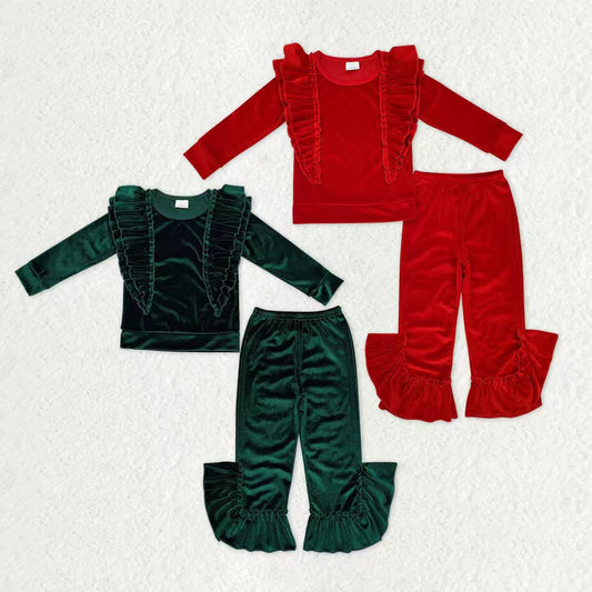 Sibling Baby Girls Christmas Ruffle Bell Pants Velvet Pajamas Clothes Sets