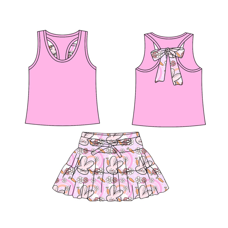 Preorder (moq 5)Baby Girls Pink Vest Back Bows Flowers Rabbits Skirt Shorts Easter Clothes Set