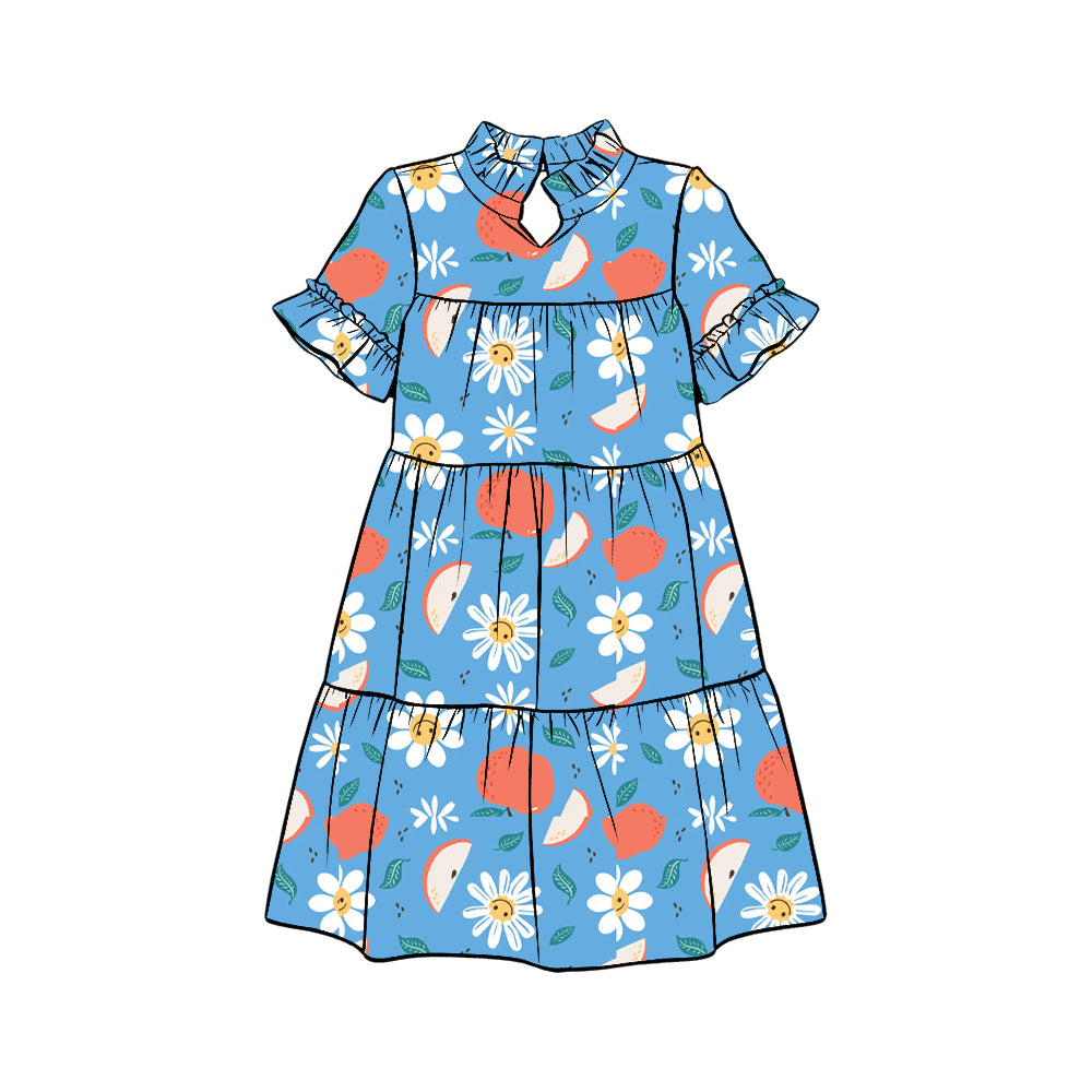 Preorder (moq 5)Baby Girls Daisy Flowers Apples Back to School Patchwork Knee Length Dress