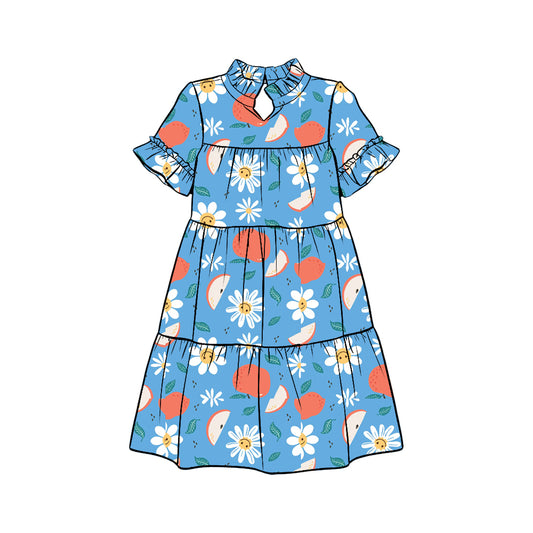 Preorder (moq 5)Baby Girls Daisy Flowers Apples Back to School Patchwork Knee Length Dress