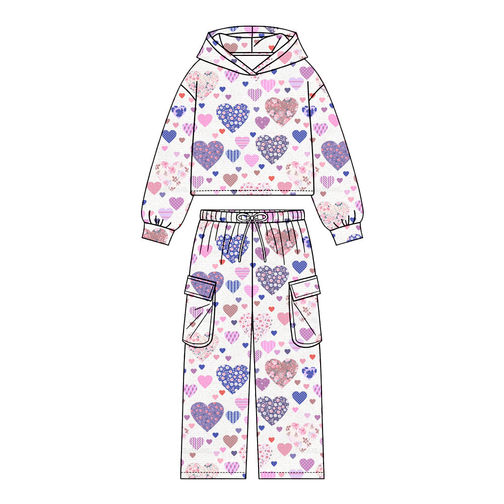Preorder (moq 5) Girls’ Fall Valentine’s Day Heart Bow Pocket Crewneck Long-Sleeve Top & Wide-Leg Pants Set