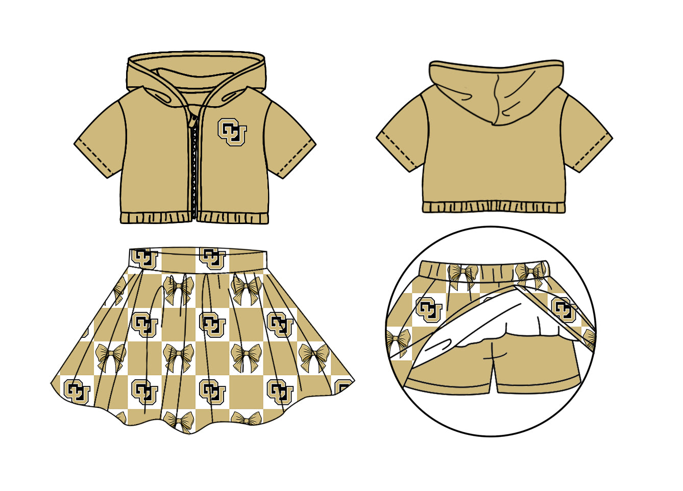 Preorder (moq 5)Baby Girls Gold CU Bows Zip Hoodie Jackets Skirt Short Team Clothes Sets