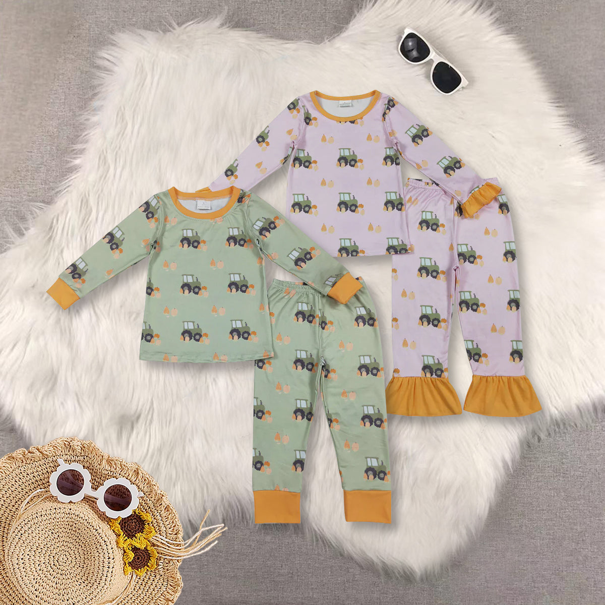 Sibling Baby Kids Long Sleeves Trucks Pumpkins Plaid Top Pants Farm Pajamas Set