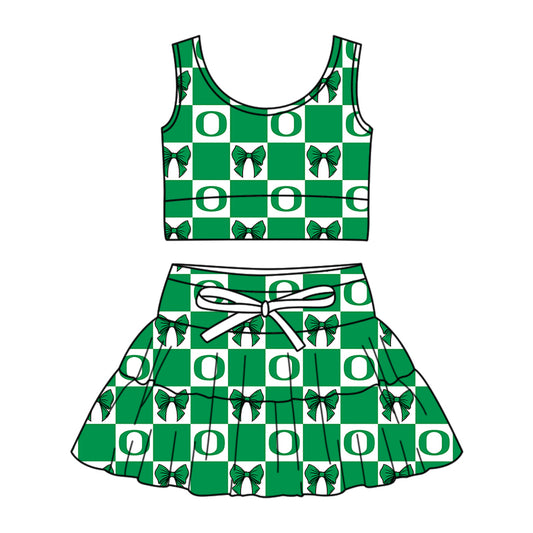 Preorder (moq 5)Baby Girls Green Oregon Bows Checked Vest Top Skirt Short Team Clothes Sets