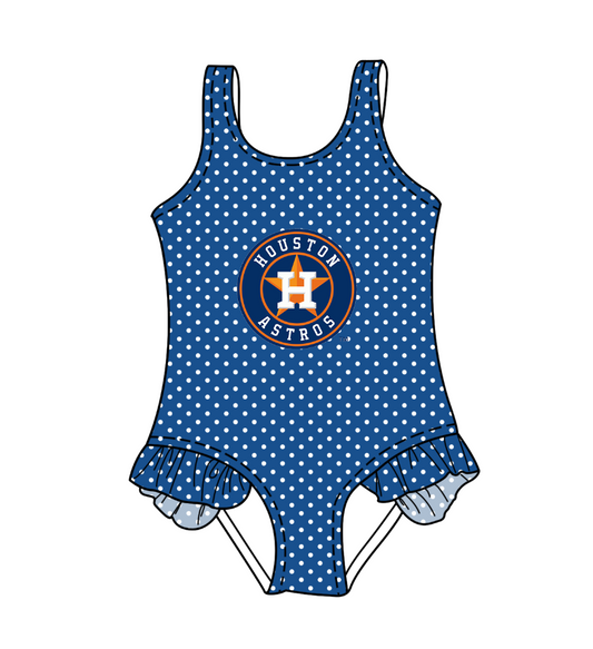 Preorder moq 5 Baby Girls Sleeveless Blue Polka Dots Houston Astros Team Swimsuits