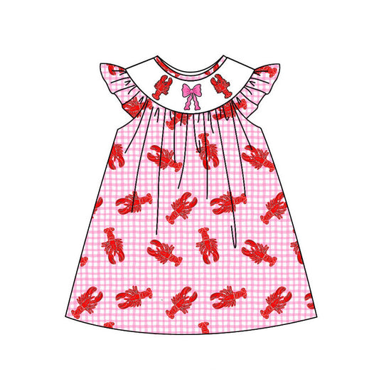 Preorder(moq 5) Baby Girls Pink Checked Crayfishes Flutter Sleeve Knee Length Dresses