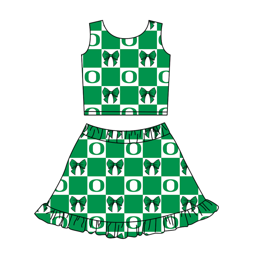 Preorder (moq 5)Baby Girls Green Oregon Bows Checked Vest Ruffle Skirt Short Team Clothes Sets