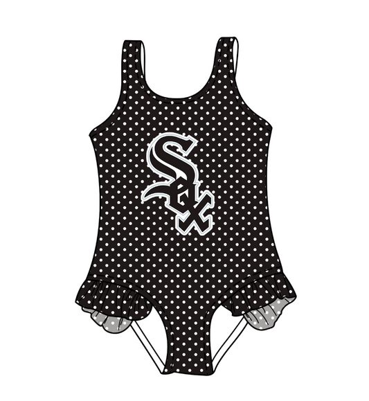 Preorder moq 5 Baby Girls Sleeveless Black Polka Dots SOX Team Swimsuits