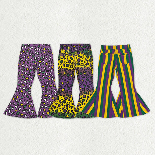 Sibling Baby Girls Mardigras Leopard Stripe Denim Bell Bottom Pants