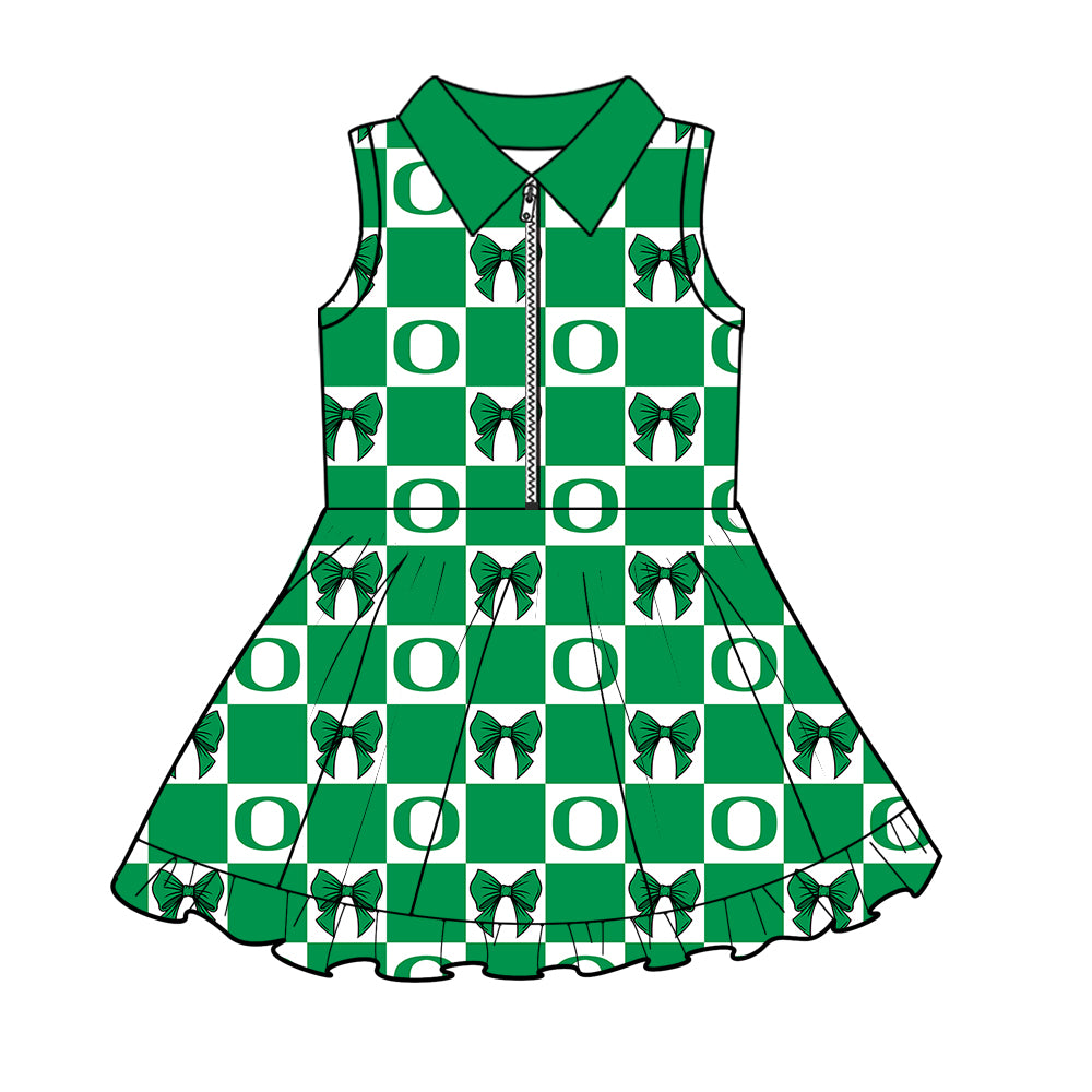 Preorder (moq 5)Baby Girls Green Oregon Bows Checked Zip Short Team Knee Length Dresses