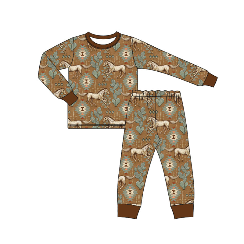 Preorder (moq 5)Baby Boys Brown Long Sleeves Aztec Horses Top Pant Pajamas Set