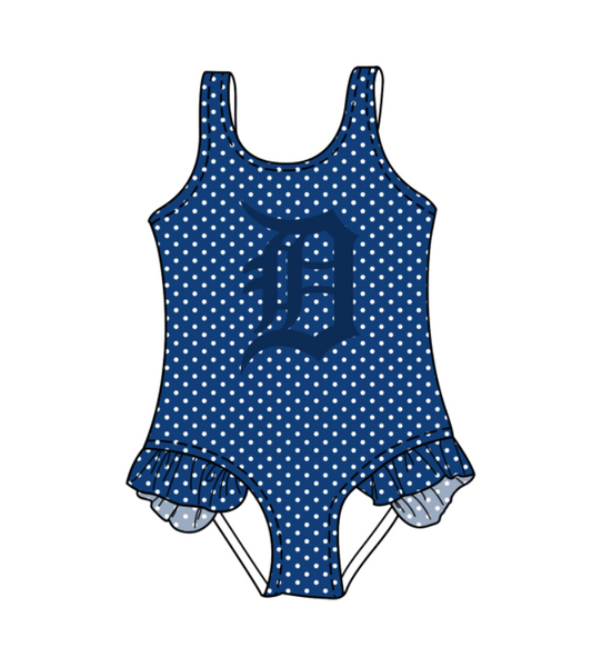 Preorder moq 5 Baby Girls Sleeveless Blue Polka Dots Team Swimsuits