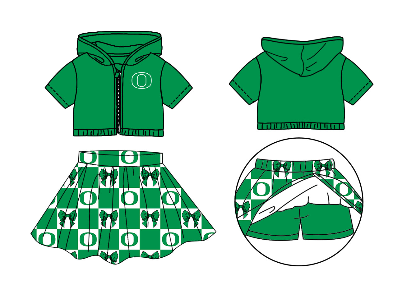 Preorder (moq 5)Baby Girls Green Oregon Bows Zip Hoodie Jackets Skirt Short Team Clothes Sets
