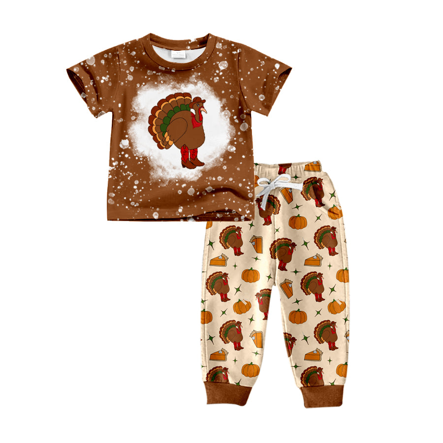 Preorder (moq 5)Baby Boys Brown Short Sleeves Turkey Top Pockets Legging Pants Sets