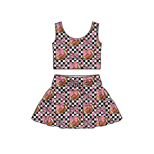 Preorder (moq 5)Baby Girls Black Checked Footballs Bows Vests Skirt Shorts Team Clothes Set