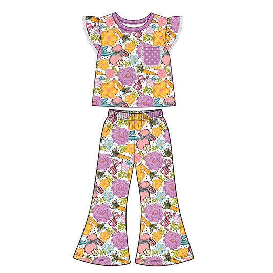 Preorder (moq 5) Baby Girl Clothes Easter Floral Bunny Mixed Print Flutter Sleeve Flare Pant Set
