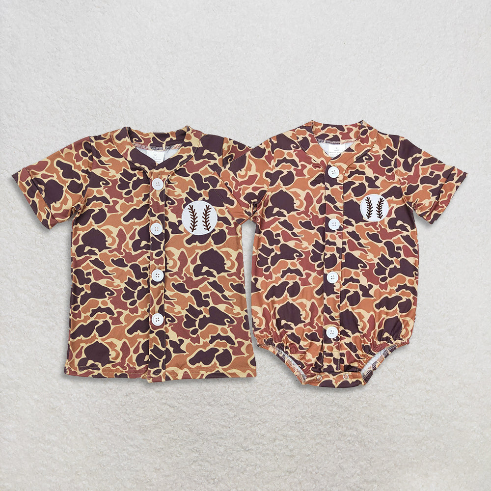 Embroidery Baseball Baby Boys Brown Camo Button Team Short Sleeve Shirts Tops Rompers
