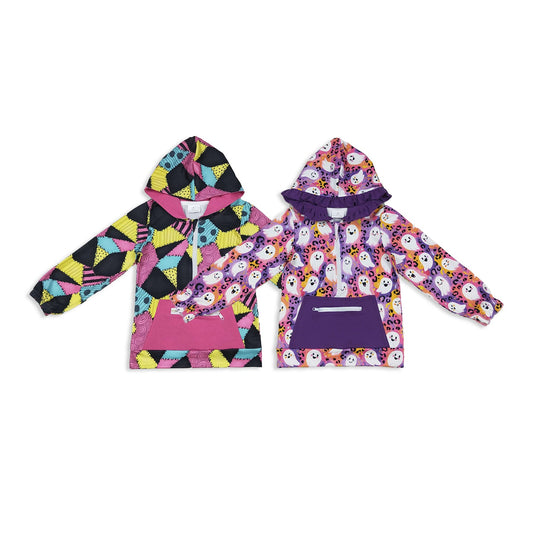 Sibling Baby Girls Colorful Patchwork Ghosts Pocket Zipper Halloween Hoodies Top