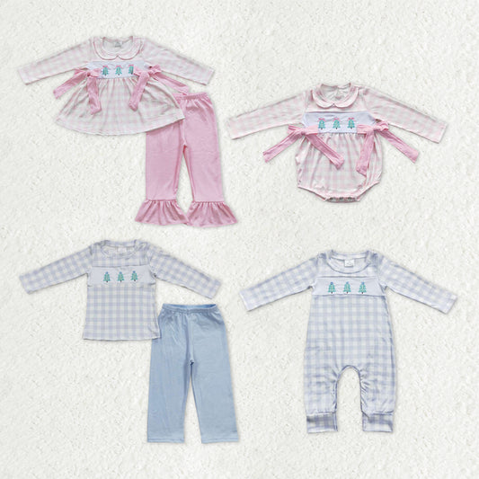 Sibling Baby Kids Embroidery Trees Checked Top Pants Christmas Clothes Sets Rompers