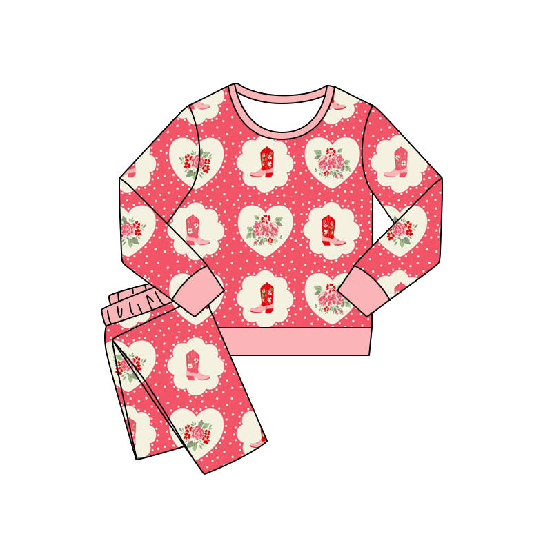 Preorder(moq 5) Baby Girls Floral Boots Hearts Pants Western Pajamas Sets