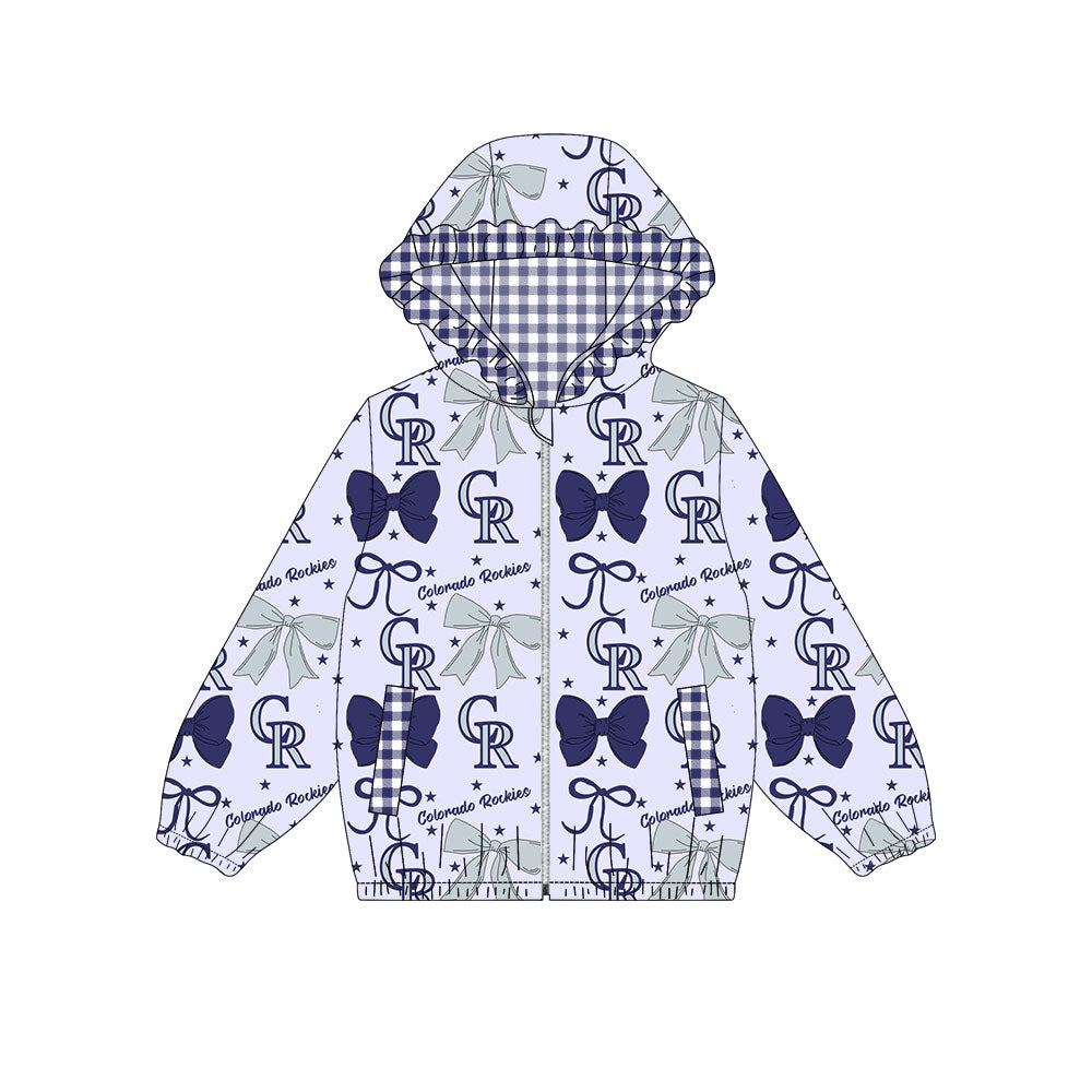 Preorder(moq 8)Baby Girls Grey Navy Bows CR Pocket Zipper Team Ruffle Hoodies Jackets
