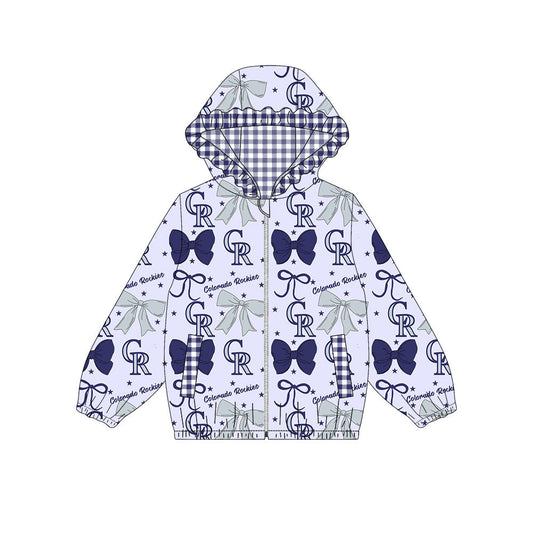 Preorder(moq 8)Baby Girls Grey Navy Bows CR Pocket Zipper Team Ruffle Hoodies Jackets