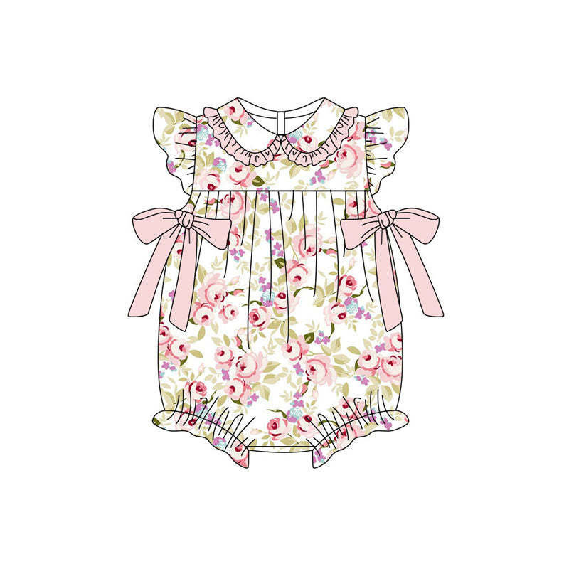 Preorder (moq 5)Baby Girls Flutter Sleeve Pink Flowers Bows Ruffle Rompers