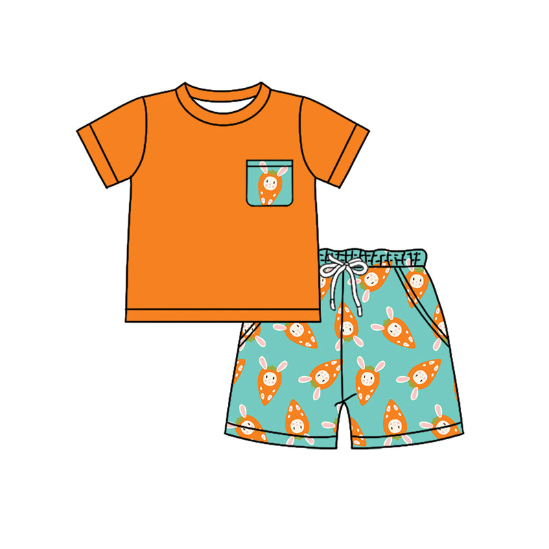 Preorder (moq 5)Baby Boys Orange Shirt Rabbits Carrots Pockets Shorts Easter Clothes Set