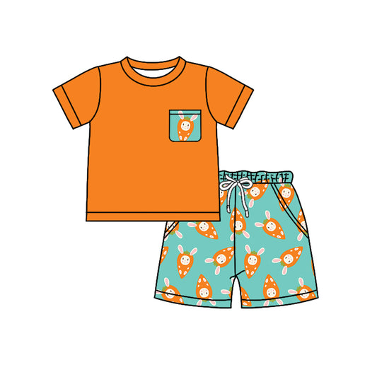 Preorder (moq 5)Baby Boys Orange Shirt Rabbits Carrots Pockets Shorts Easter Clothes Set