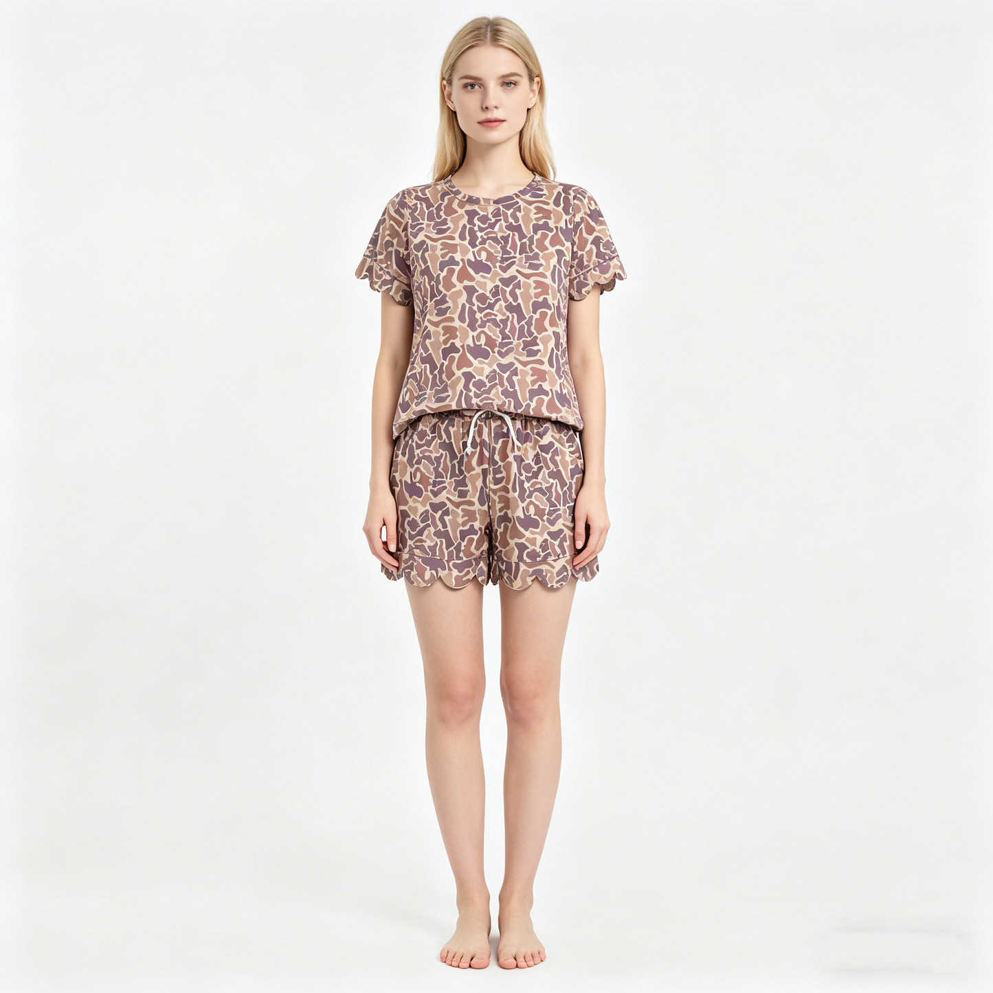 Adult Women Southern Khaki Camo Top Pockets Short Scallop Clothes Sets