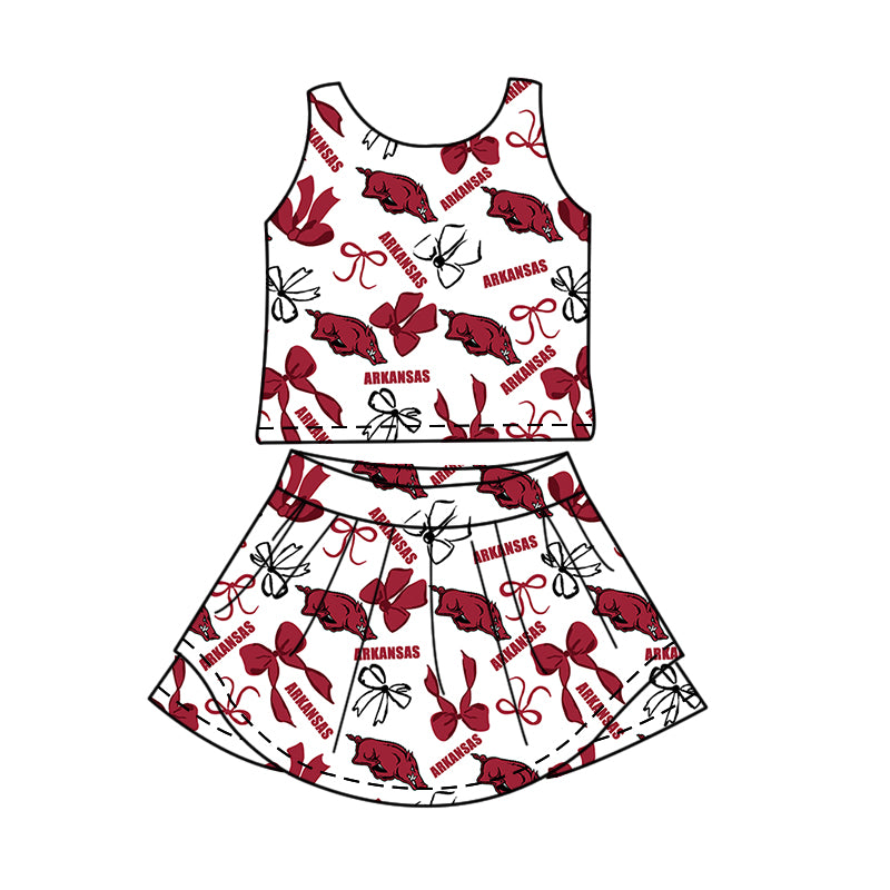 Preorder (moq 5)Baby Girls Sleeveless Arkansas Bows Top Skirt Shorts Team Clothes Sets