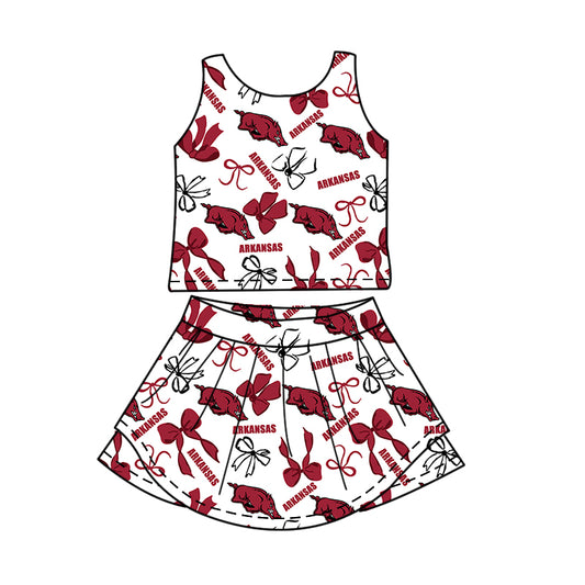 Preorder (moq 5)Baby Girls Sleeveless Arkansas Bows Top Skirt Shorts Team Clothes Sets