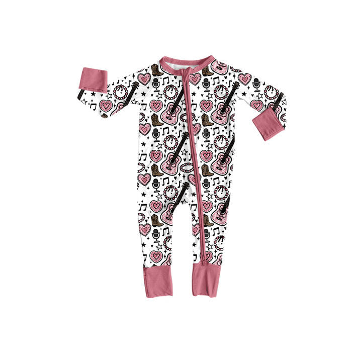 Preorder (moq 5)Baby Girls Stars Guitars Hearts Western Zipper Footie Rompers