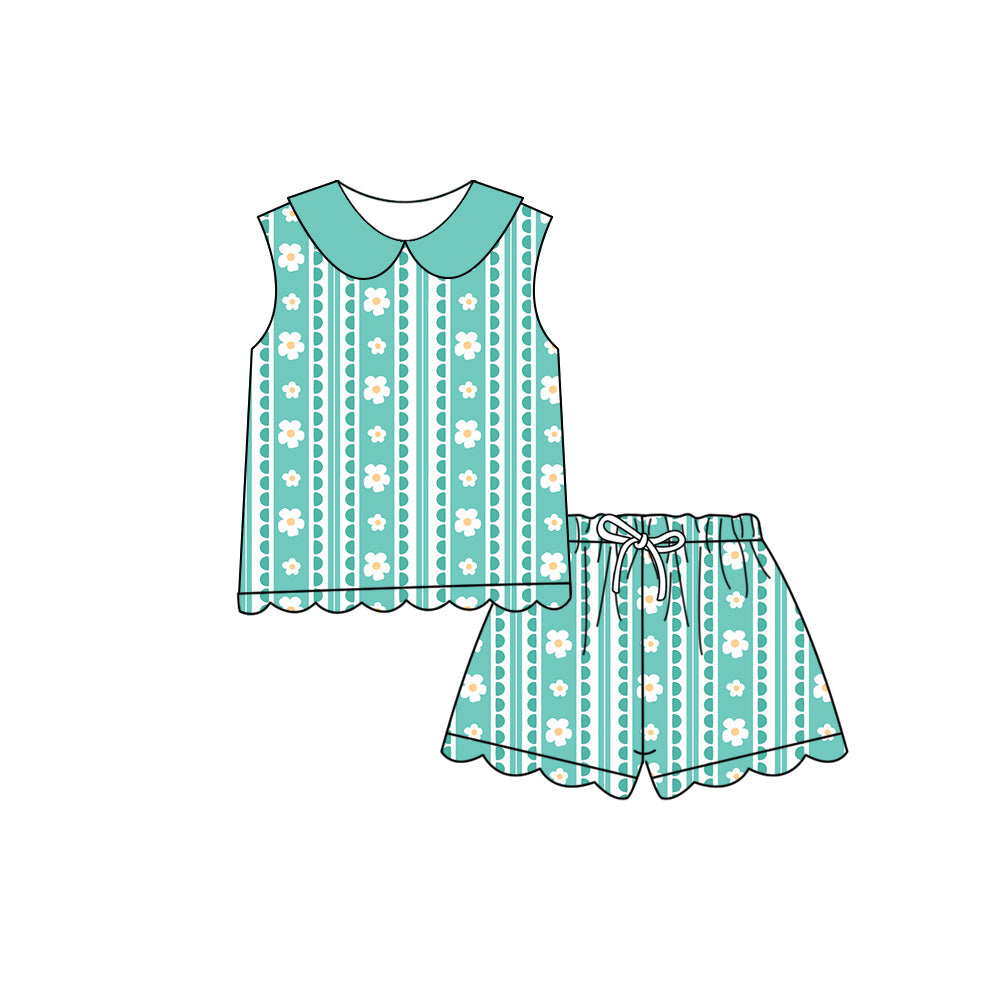 Preorder (moq 5)Baby Girls Flowers Stripe Collar Top Scallop Shorts Clothes Sets