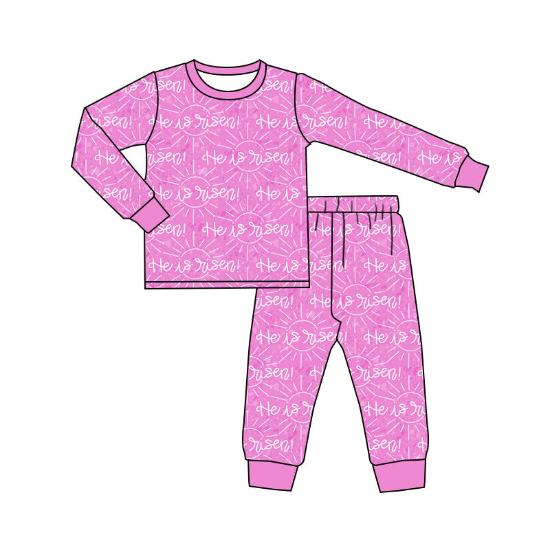 Preorder (moq 20)Baby Girls Bamboo Pink He is Risen Easter Pants Pajamas Sets