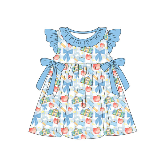 Preorder (moq 5)Baby Girls Blue Checked Pencil Apples Back to School Collar Knee Length Dress